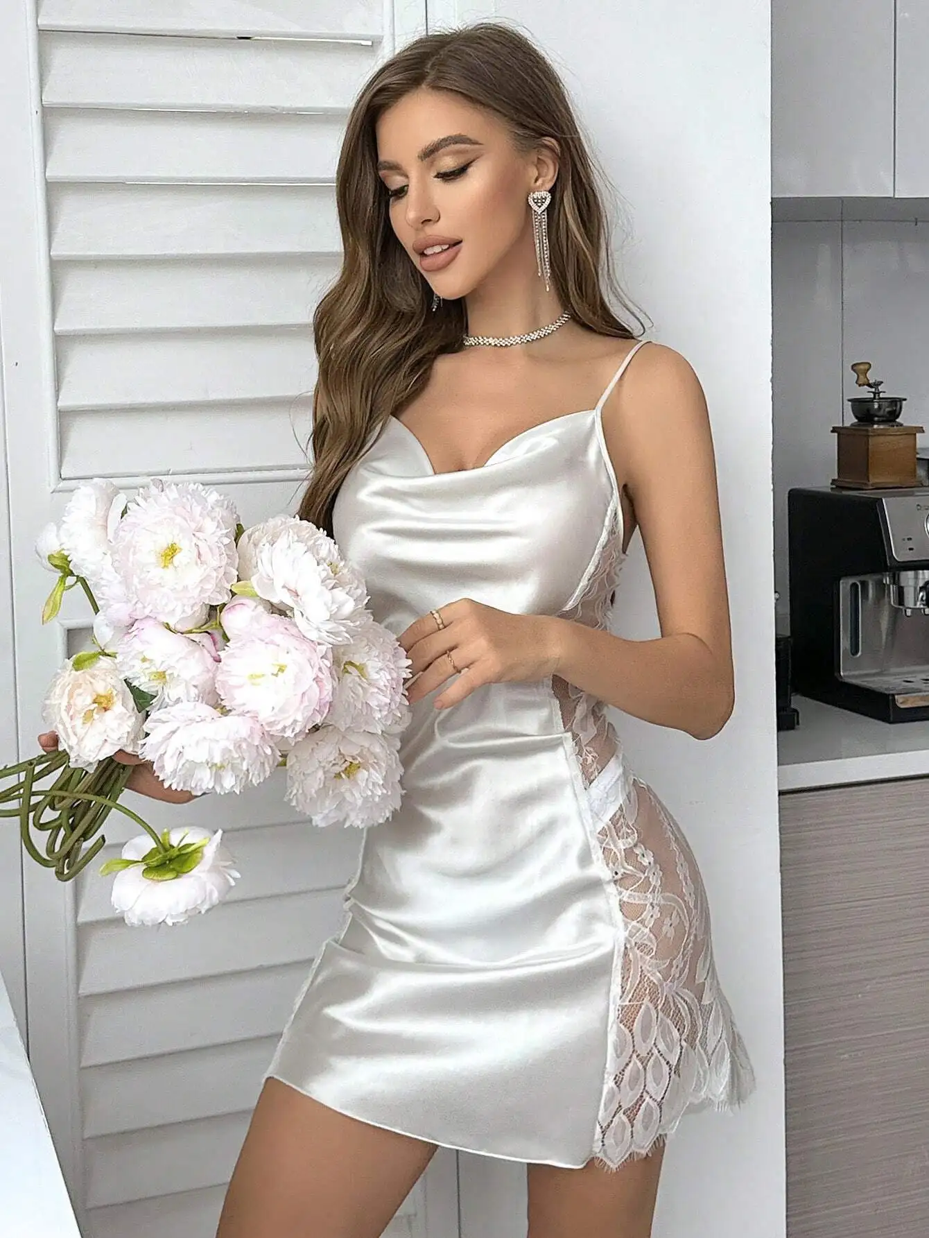 SilkySpell Lace Patchwork Satin V-Neck Women's Pajama Slip Dress With Spaghetti Straps Bridallingerie