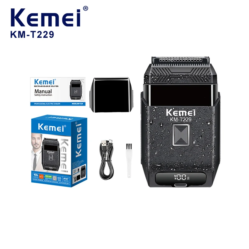 

Kemei KM-T229 Профессиональный IPX7 Водонепроницаемый станок для бритья Мужской дорожный триммер для бороды Электробритва Парикмахерская перезаряжаемая бритва