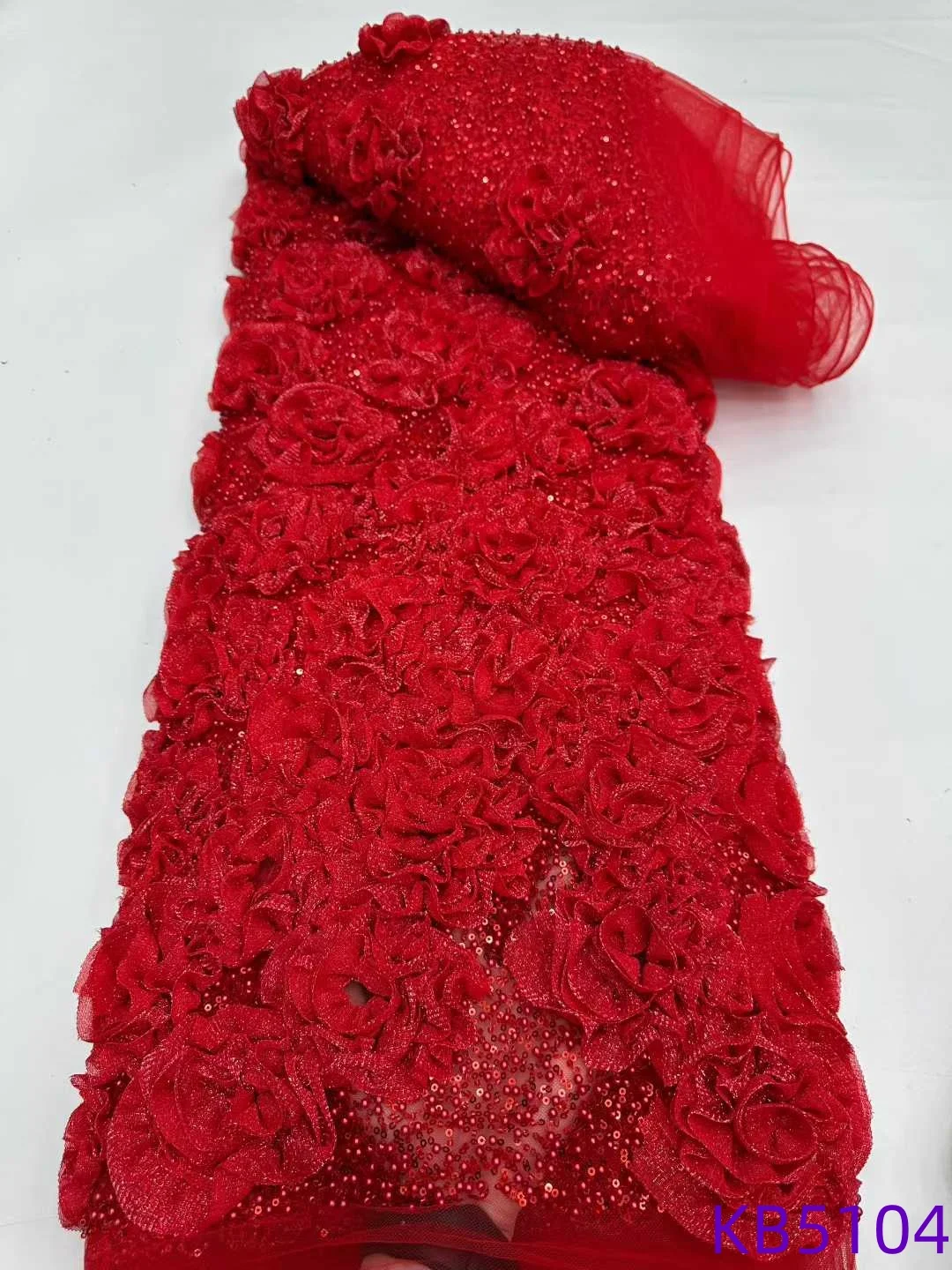 Sequence Embroidery Fabric African Fabric Lace High Quality 2025 Red Beaded French Mesh Lace Fabrics For Wedding Dress KB5104