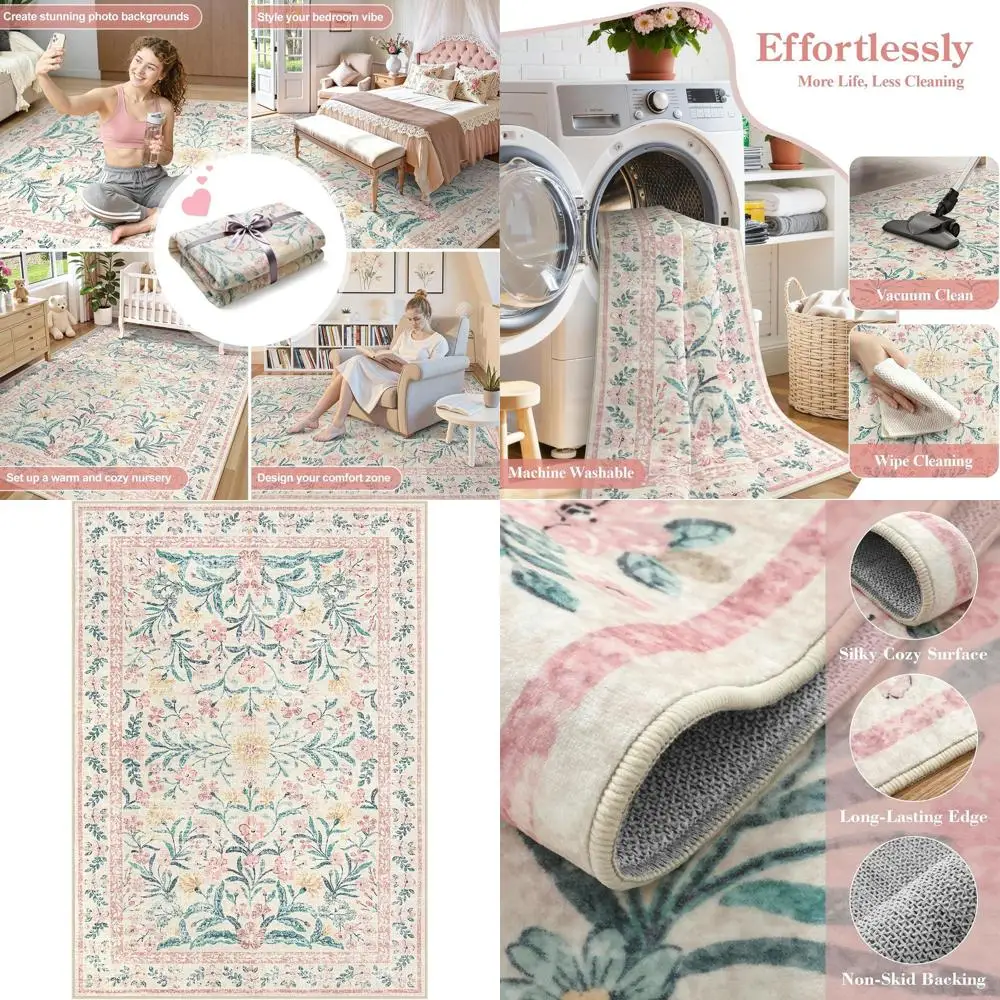 

Цветочный моющийся коврик 5x7 для детской комнаты девочки, мягкий богемный ковер с нескользящей основой, ультратонкое напольное покрытие для детской комнаты