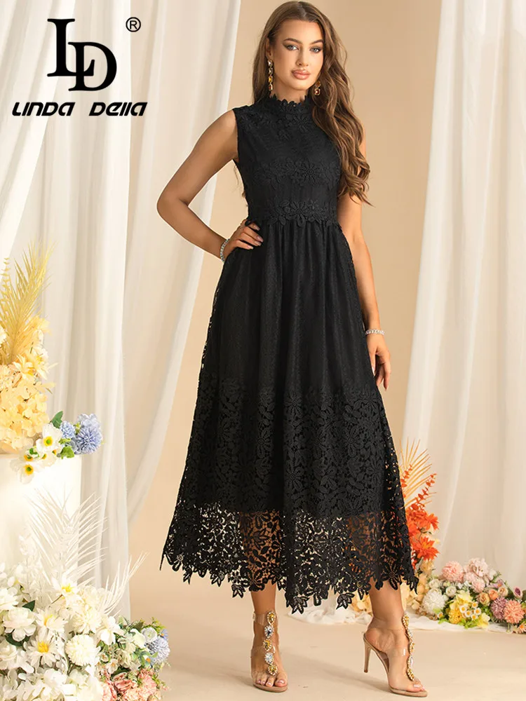 LD LINDA DELLA Fashion Autumn Women's Dress Stand Collar Sleeveless Chic Lace Hollow Out High waist Vintage Elegant Dresses