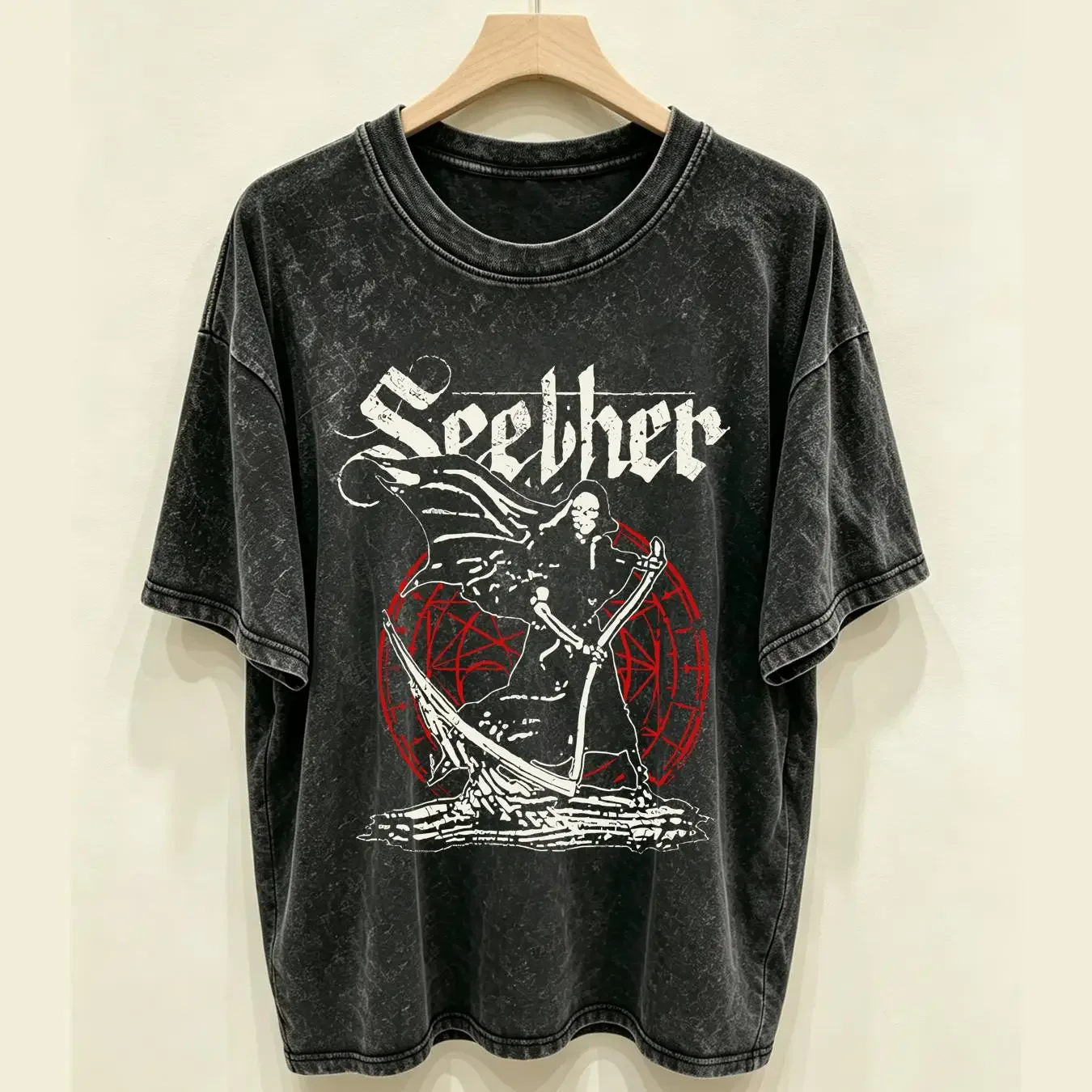 washed T Shirt Seether Reaper Licensed Rock N Roll Music Band  Black vintage Washed designer clothes Comfortable fashion homme