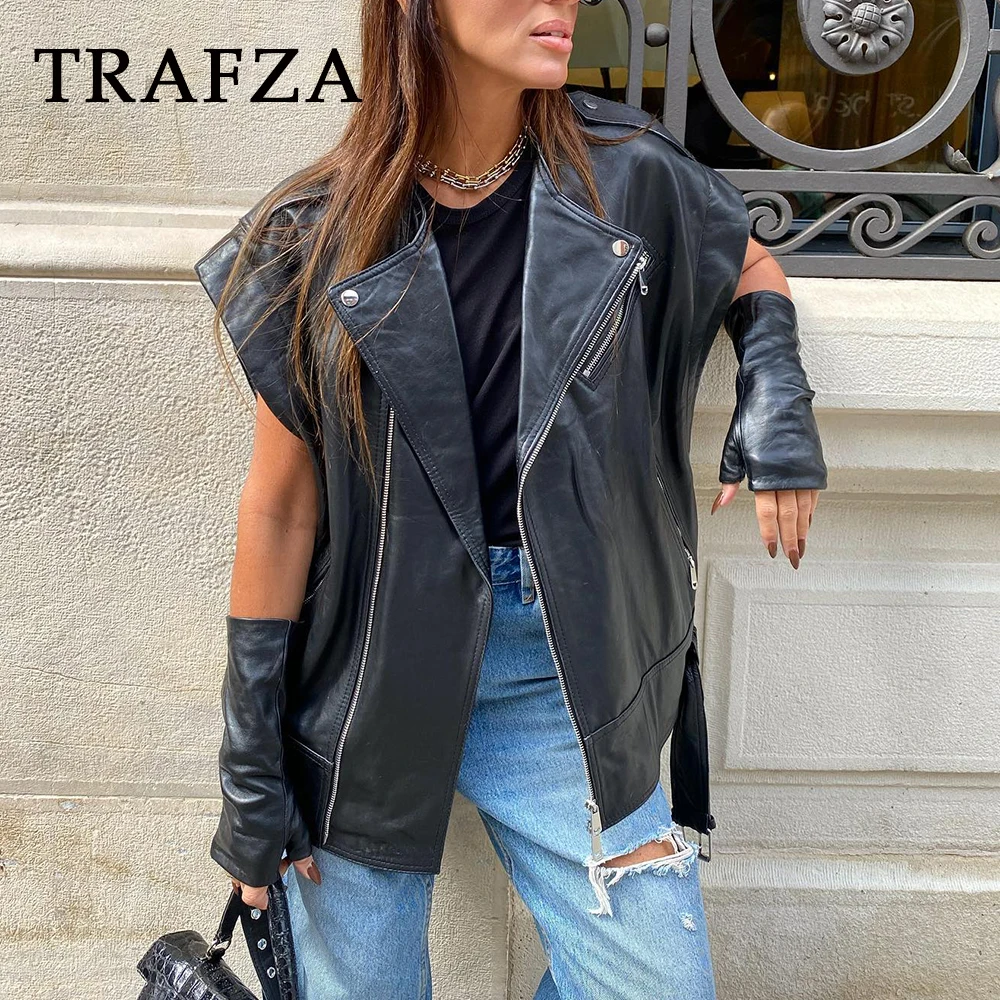 TRAFZA 2023 Women Autumn Winter Vintage Waistcoats Leather Vest Sleeveless Zipper Pockets Jackets Streetwear Belt Loose Outwears