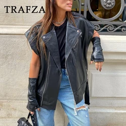 TRAFZA 2023 donna autunno inverno Vintage gilet gilet in pelle senza maniche tasche con cerniera giacche Streetwear cintura capispalla larghi