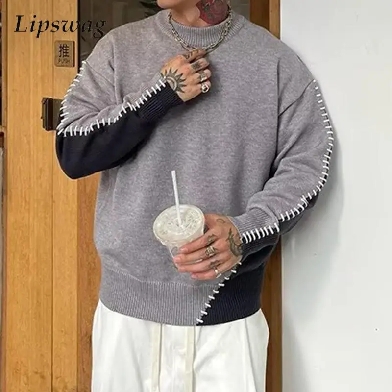 

Trendy Mens Contrast Color Sweaters Hip Hop Fashion Patchwork O Neck Knit Jumpers Men Autumn Winter Casual Knitting Sweatshirts