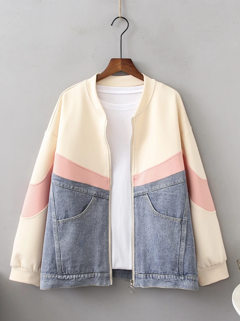 

Spring 2023 plus Size Women's Casual Denim Jacket Zipper Collar Color Block Loose Fit Polyester Cotton Blend Long Sleeve