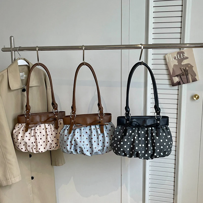 Koreanische Polka-Dot-Schleifenknoten-Patchwork-Hobo-Unterarmtasche, Damenhandtasche, vielseitige leichte Pendler-Tragetasche, lässig-schicke Tasche – Detail 2