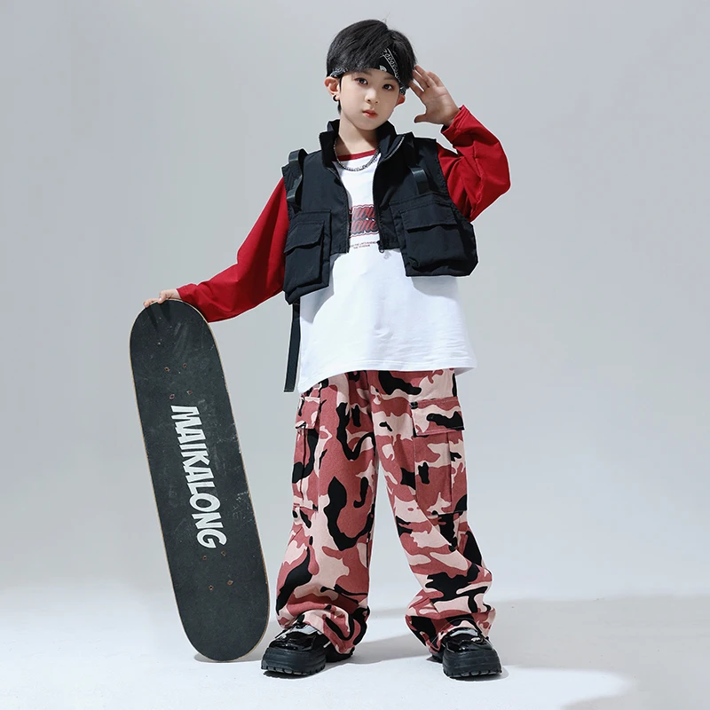 Anak-anak pakaian Hip Hop tanpa lengan jaket rompi kamuflase kasual celana kargo untuk Gadis Anak laki-laki Streetwear kostum tari menunjukkan pakaian