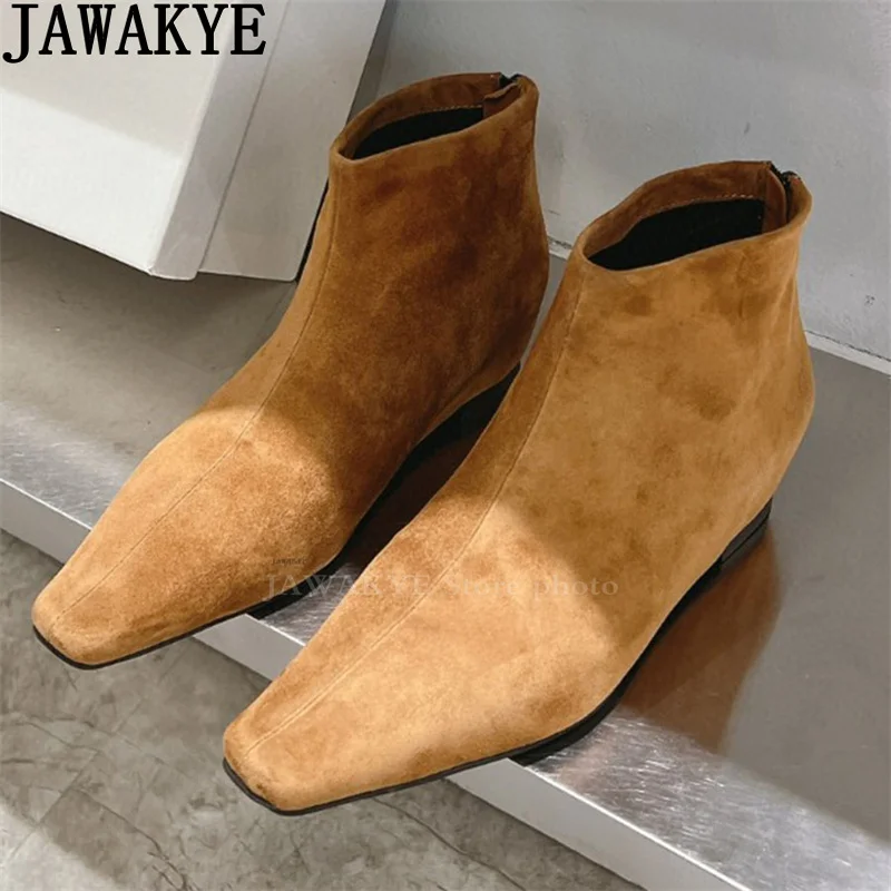 

Pointy Toe Wedges Heel Ankle Boots Women Quality Suede Leather Chelsea Short Boots Winter Slim Runway Fashion Week Boots Woman