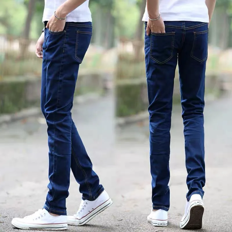 Slim Fit Men's Jeans Trendy Brand Light Blue Thin Summer Casual High Elasticity mid Low Waist Zipper Closure Long Pants