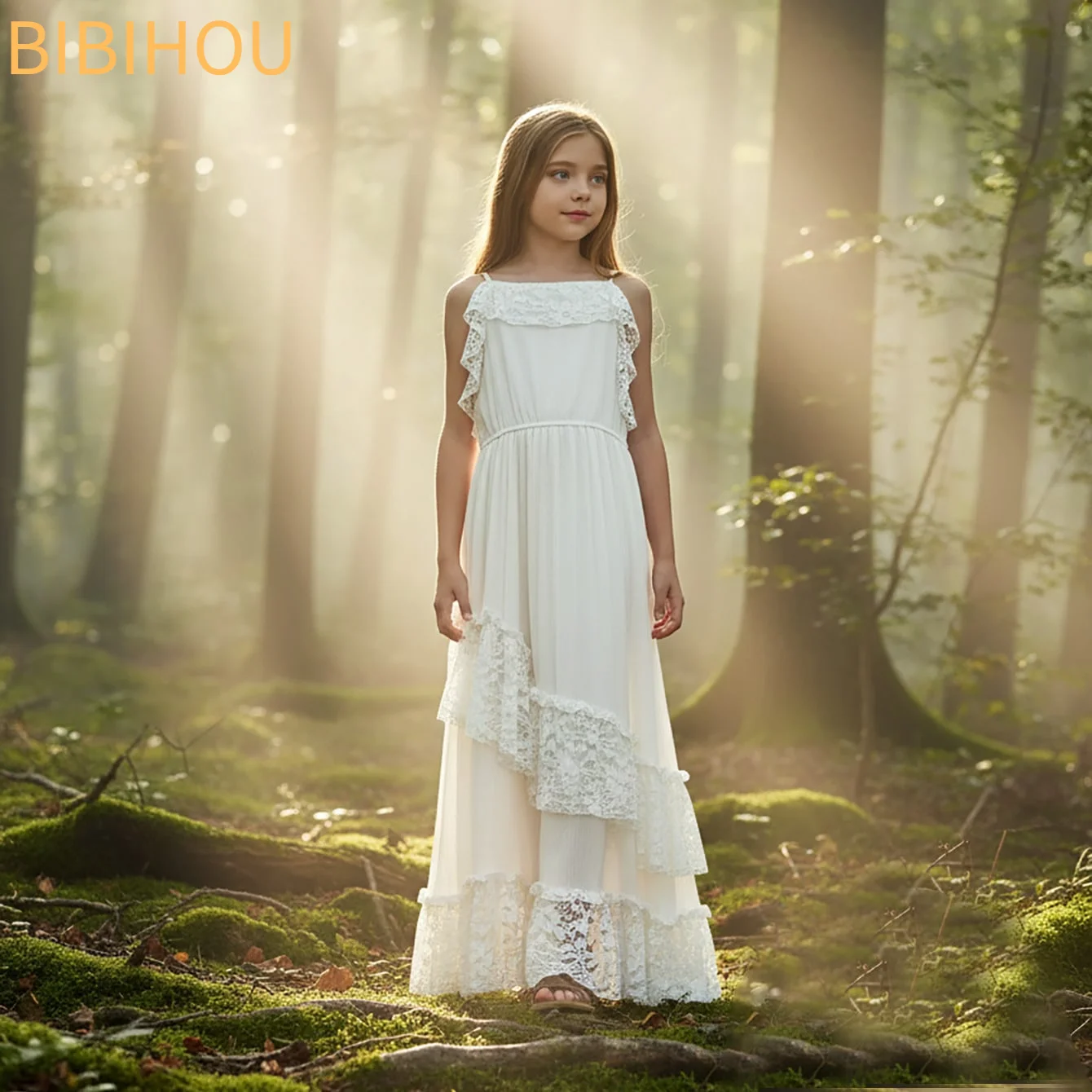Girls White Lace Maxi Dress Summer Bohemian Dresses for Kids Wedding Flower Girl Party Beach Vacation Casual Sundress BIBIHOU