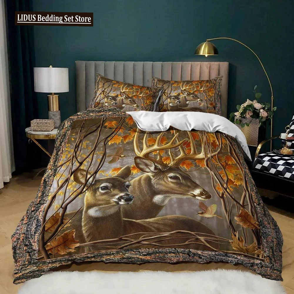 

Animal Duvet Cover Set 2/3Pcs Deer Autumn Forest Leaves Bedding Set Wild Animals For Teens Queen King Size Polyester Quilt Cover