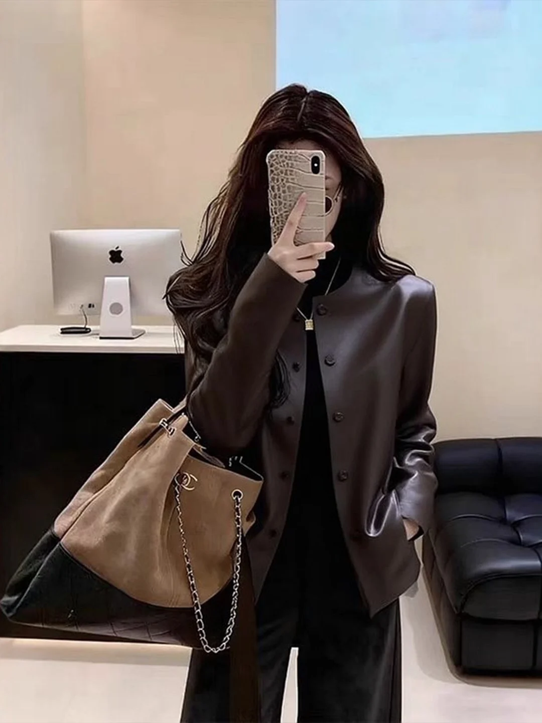 

Vintage Sle ort Leather Jaet Women's Stand Collar Button up Coffee Color High Quali Top Spring 2026 Faion Ladies' Wear