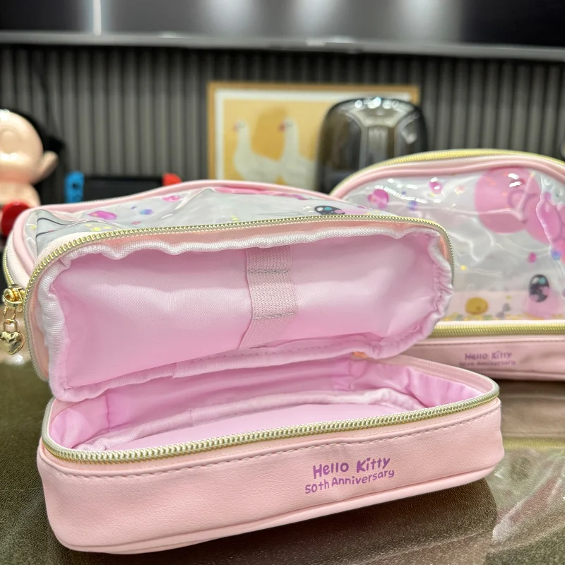 Sanrio Hello Kitty Cosmetic Bag Cartoon Student Pencil Case Large Capacity Double Layer Pen Box Women Beauty Tools Storage Pouch