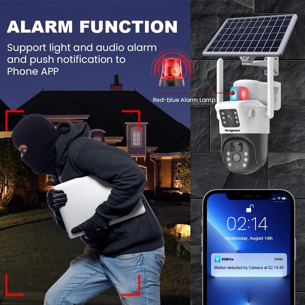 HongGlobal 8MP 4K V380 Pro WiFi Full HD Wireless Dual Lens Solar Powered Panel IP PTZ 4G Sim Card Outdoor Security Solar Camera