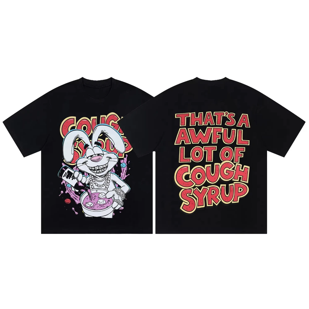 2026 Vintage Oversized T‑Shirt For Adults Retro Cartoon Bunny Graffiti Double Sided Theme Art Loose Short Sleeve Street Tee