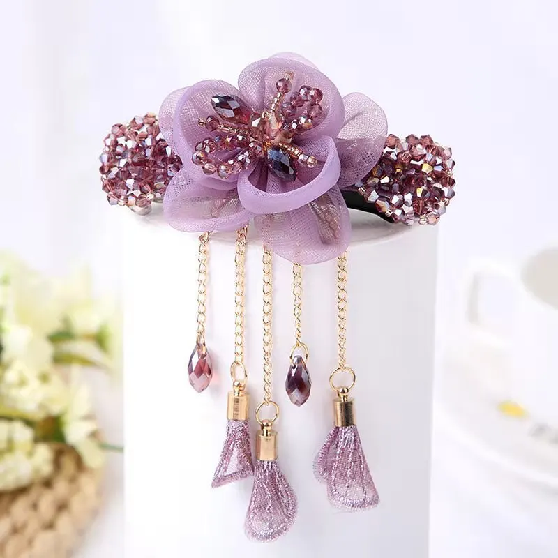 Fashion Tassels Flower Hairpin Hair Accessories for Women Retro Elegant Zircon Silk Spring Clips Mom\'s Headwear Jewelry Gifts