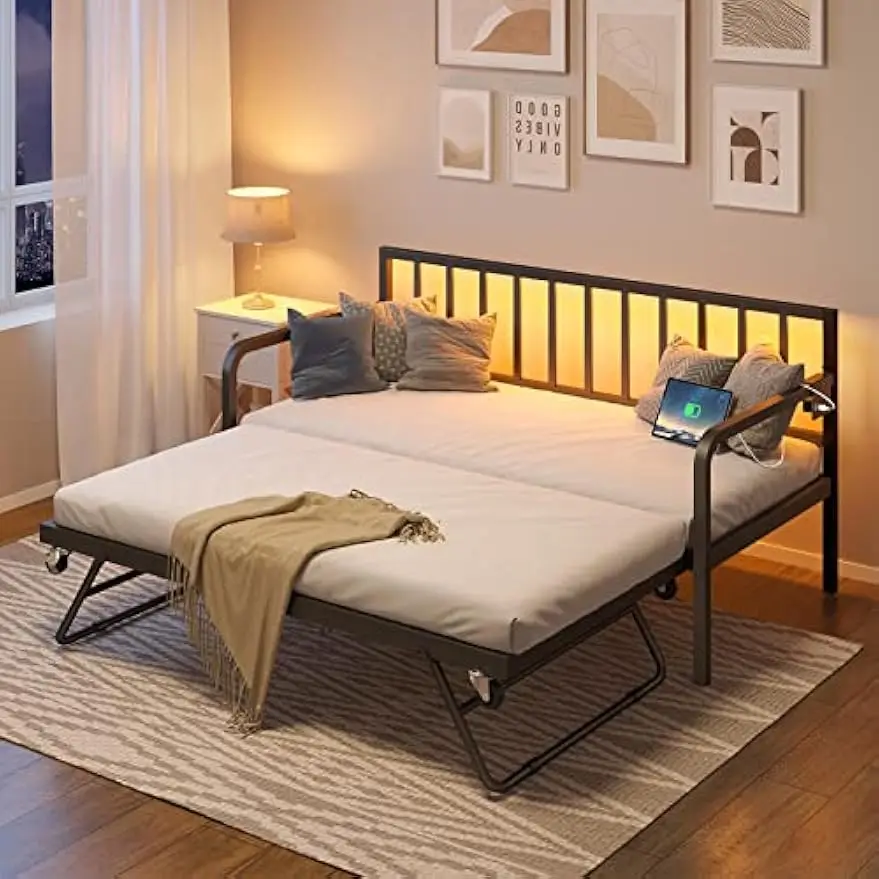 Daybed com carregamento estação e luzes LED, altura ajustável Twin Daybed com trompete