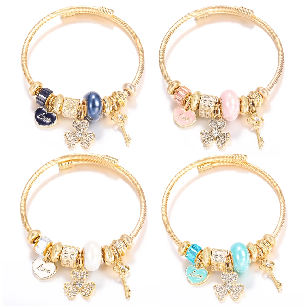 Rhinestone Flowers Pendant Golden Stainless Steel Beaded Bracelet 4 Colors High Quality Closure Bangles Women Bracelet Jewelry