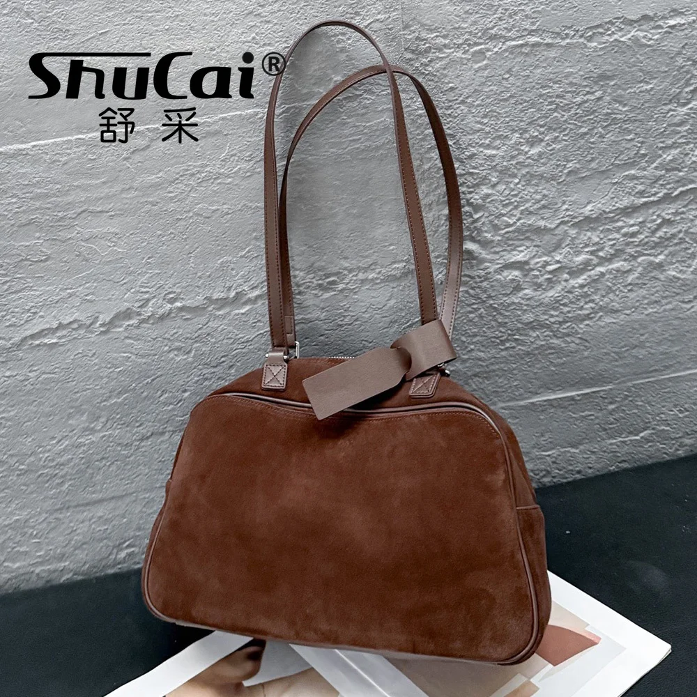 

Genuine Grade Suede Cow Leather Women's Shoulder Bags Luxury Designer Brand Ladies Cowhide Underarm Bowling Bag Female Handbag