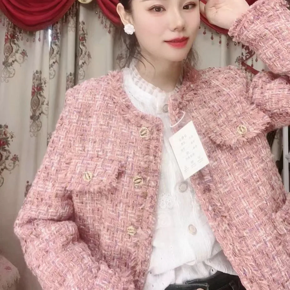 Pink Small Fragrance Jacket Women Down Lining Warm Short Jacket Autumn Winter Tweed Woolen Coat Female Casual Tops Outerwear