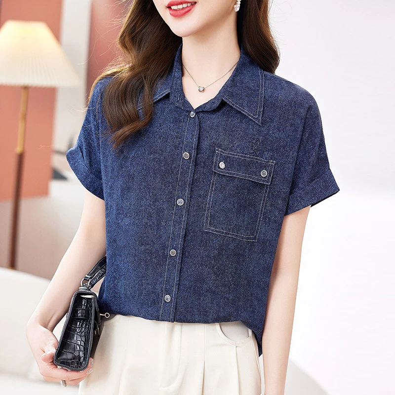 

Elegant Shirts Fashion Blouses for Women Summer Turn-down Collar Real Silk Women's Shirt Short Sleeve Casual Blouse Loose Tops