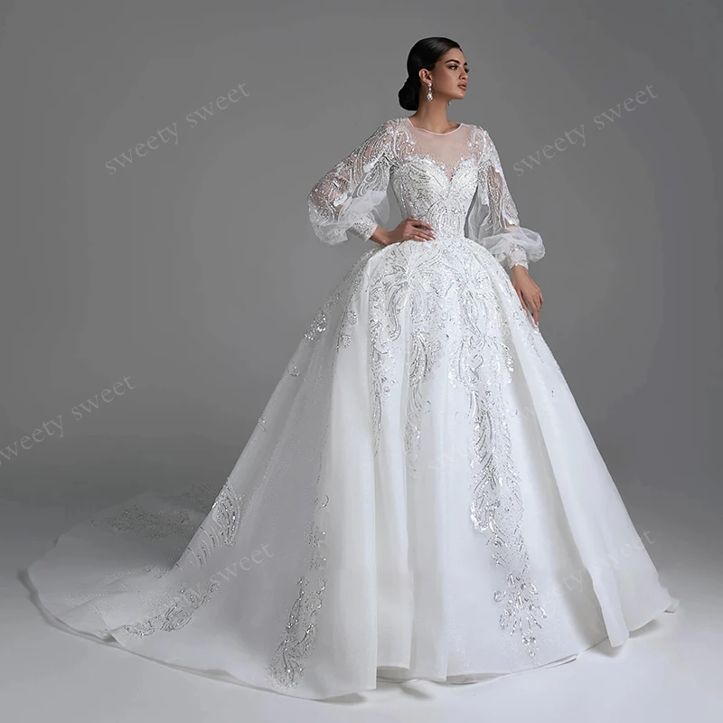 

Glitter Wedding Dress Beading Organza With Embroidery Ball Gown O-Neck Puff Sleeves Customized Bride Lace Up Vestido De Novia