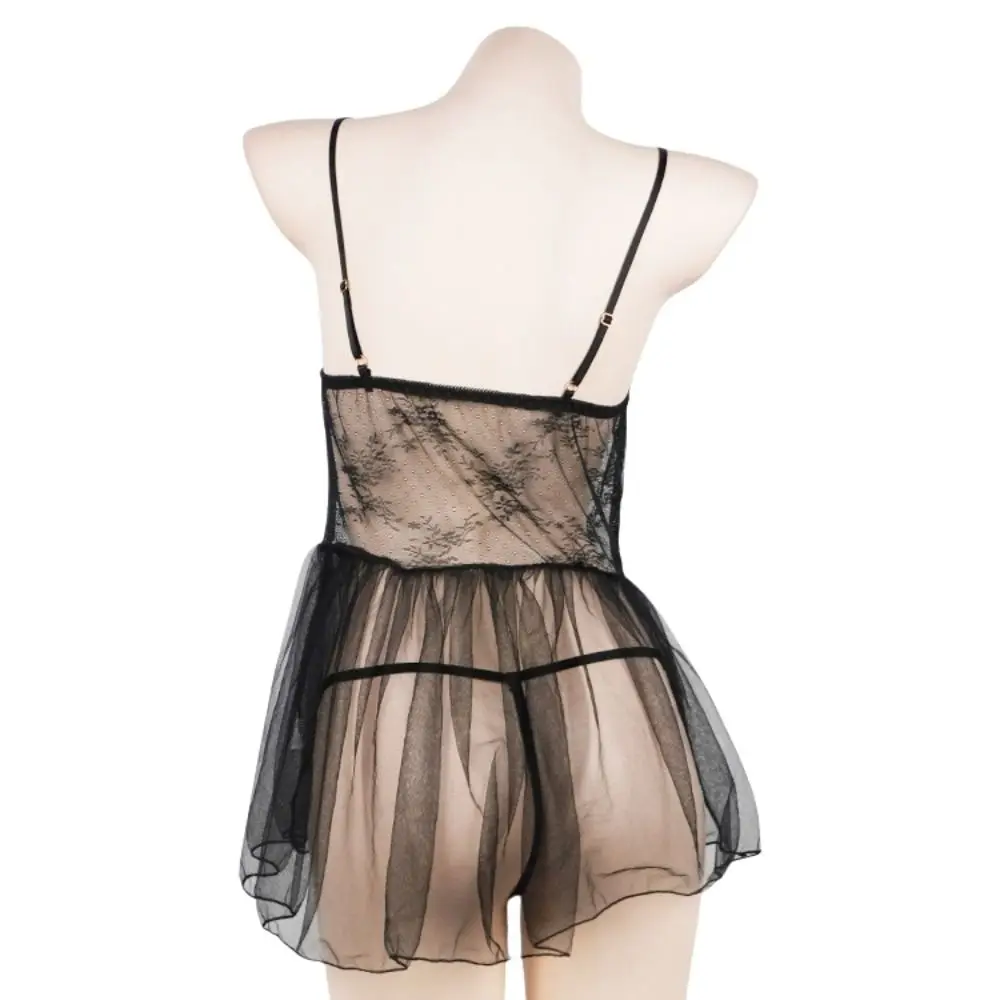 Moda decote em v ver através de renda camisola babado bowknot sling noite vestido transparente bainha irregular renda malha camisola sono