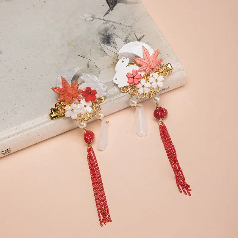Autumn Winter Red Ancient Chinese Hair Clip with Cute Rabbit Lantern Tassel Maple Leaf for Girls Traditional Festival Accessory