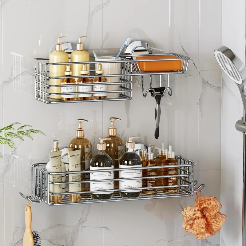 Ventosa para caddie de chuveiro, 2 racks de chuveiro embutidos com ganchos e racks de sabonete, armazenamento de caddy de chuveiro à prova de ferrugem