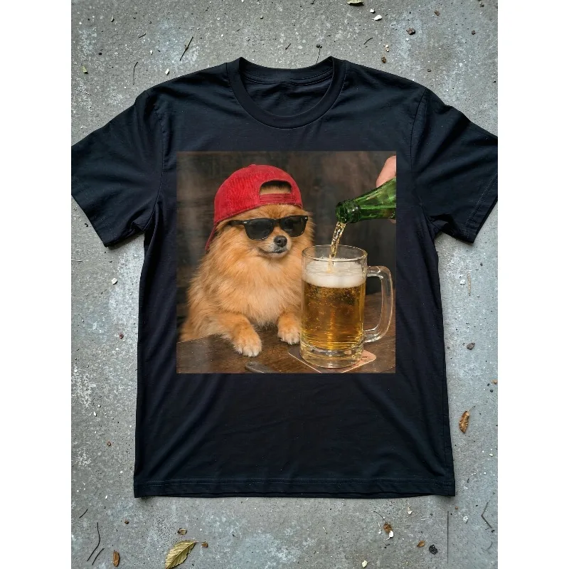 Funny Pomeranian Drinking Beer Puppy Meme T-shirt Men's T-shirt Trendy Street Casual Fashion Men's and Women's Same Style