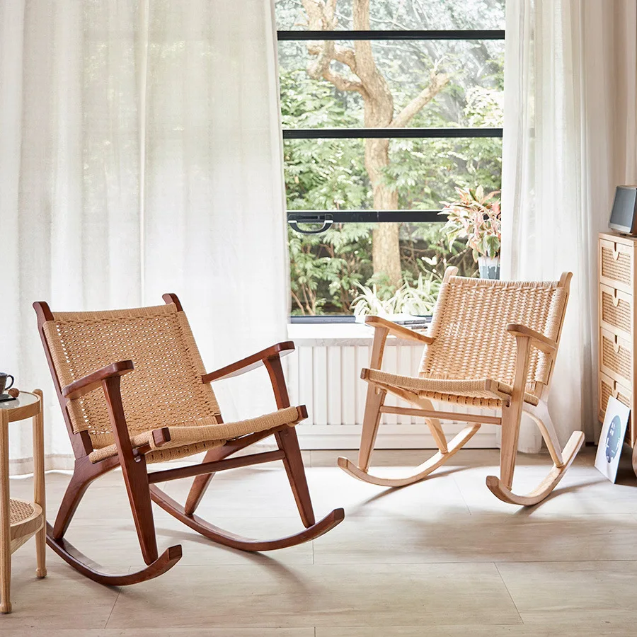 

Solid wood rocking chair simple rattan rocking chair leisure rattan balcony slacker rope furniture pure manual