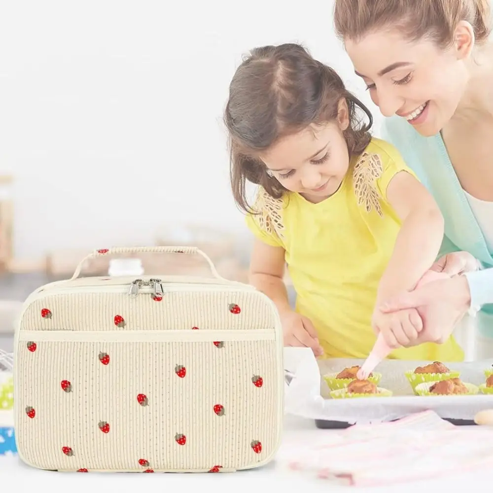 Reusable Corduroy Lunch Box Leakproof Strawberry Insulated Lunch Bag Beige Large Capacity Lunch Tote Adults