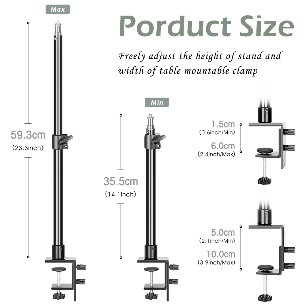 Soporte de montaje de escritorio, soporte de luz de aluminio de mesa ajustable con punta de tornillo estándar 1/4 para c