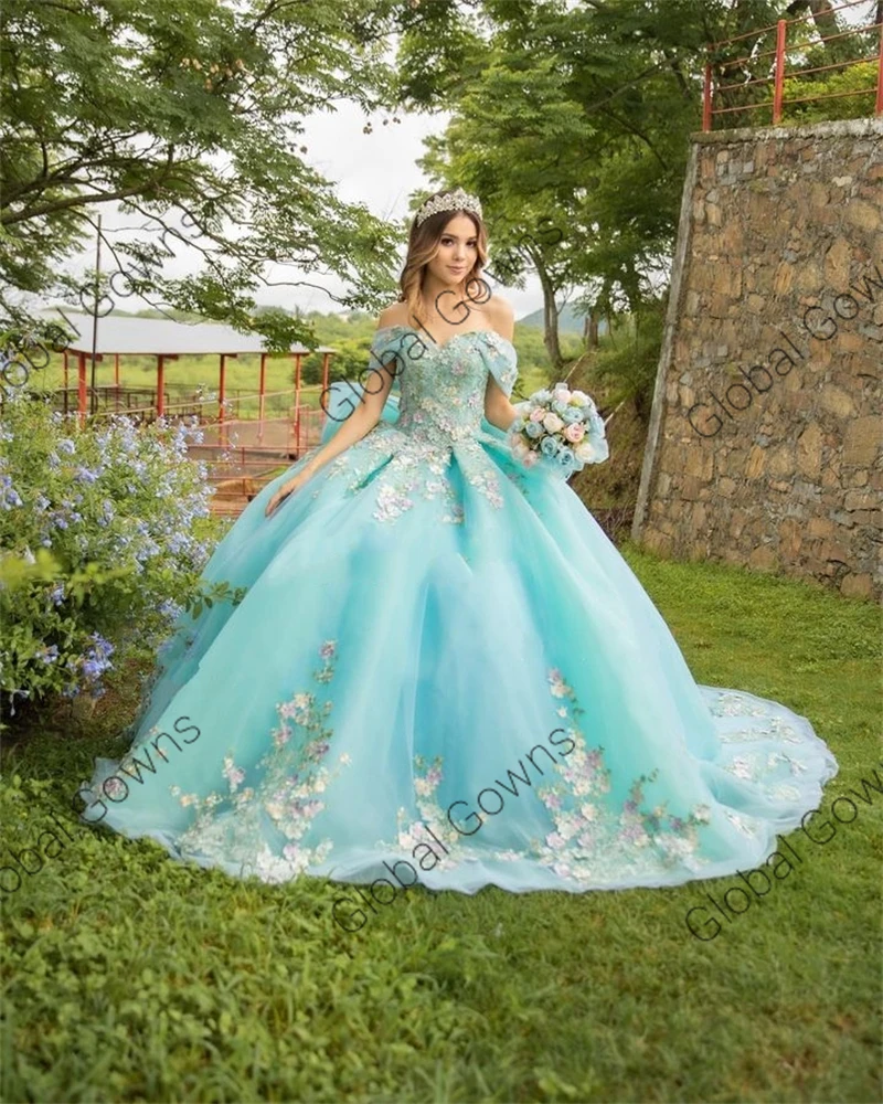 Prinses Meer Blauw Van De Schouder Baljurk Quinceanera Jurk Voor Meisjes Kralen Appliqués Verjaardagsfeestjurken Prom Jurken