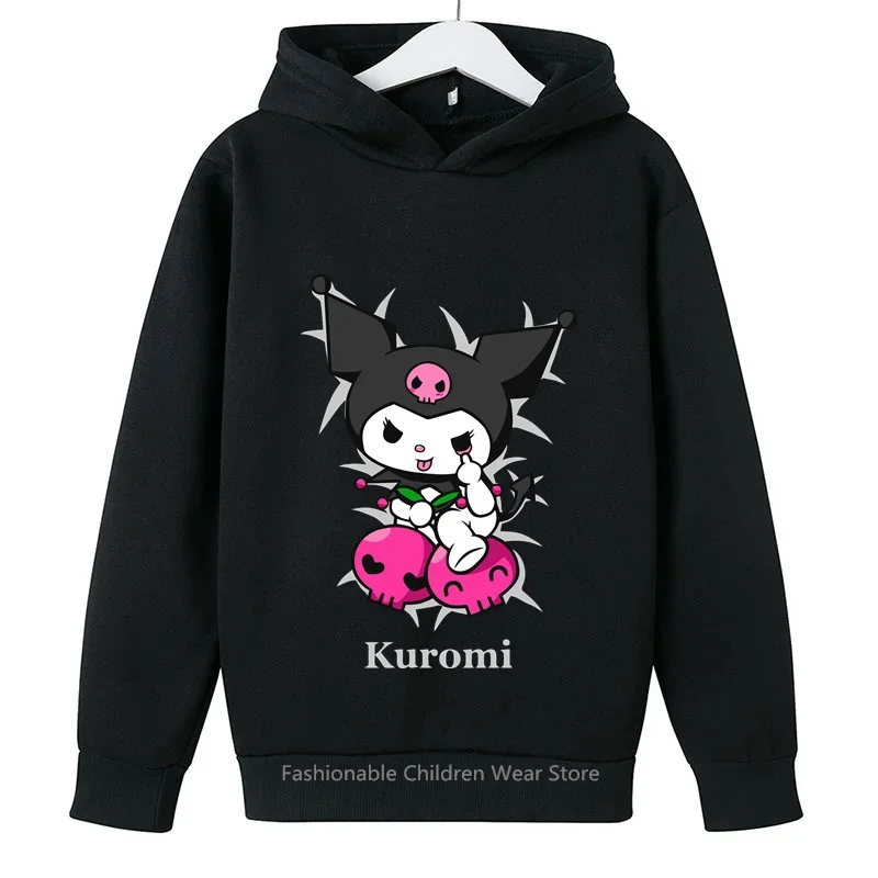 2024 New Spring-Autumn Kuromi Cute Cartoon Print Kids Hoodie Boys Girls Cotton Casual Stylish Warm Hooded Top