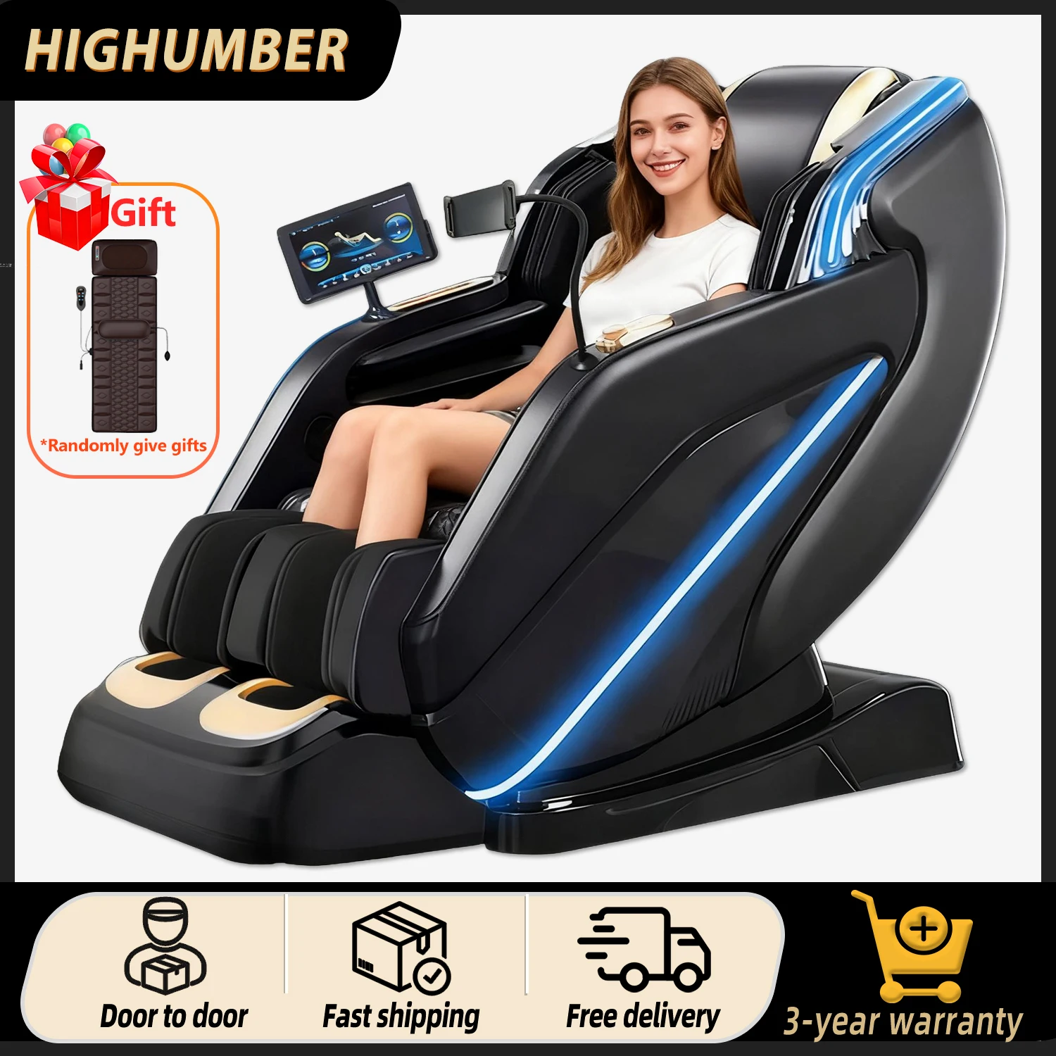 كرسي تدليك فاخر منزلي بدون جاذبية لكامل الجسم وسادة هوائية SL مسار تسخين بلوتوث موسيقى AI كرسي مكتب صوتي ضمان 3 سنوات