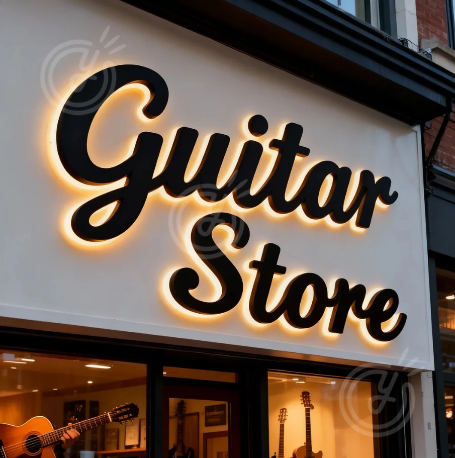 3D Metal Logo Backlit Custom Business Sign: LED Signage Accessories Guitar Store Decor Home Storefront Aesthetic Room Sign Light