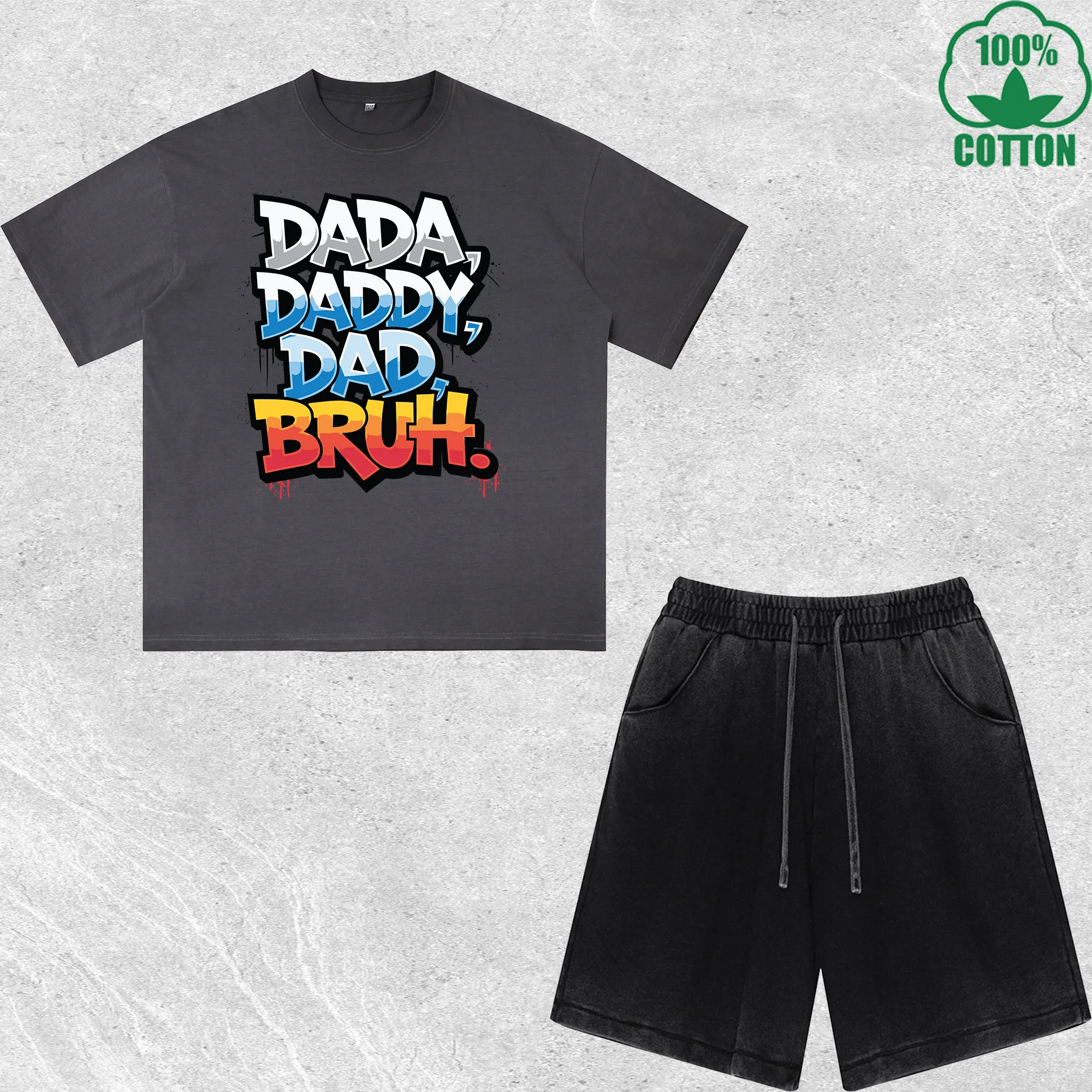 

Dada Bruh Printed Dirty Wash 100%Cotton T-Shirt Shorts Set Multicolor Combo Loose Trendy Fashionable