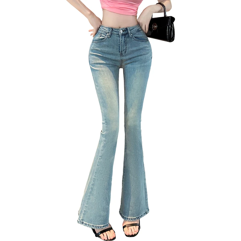 

Slim Fit High Waist Bell Bot Jeans Butt Enhancing Wide Leg Casual Cotton Stretch Denim Light Blue Spring Summer New Arrival
