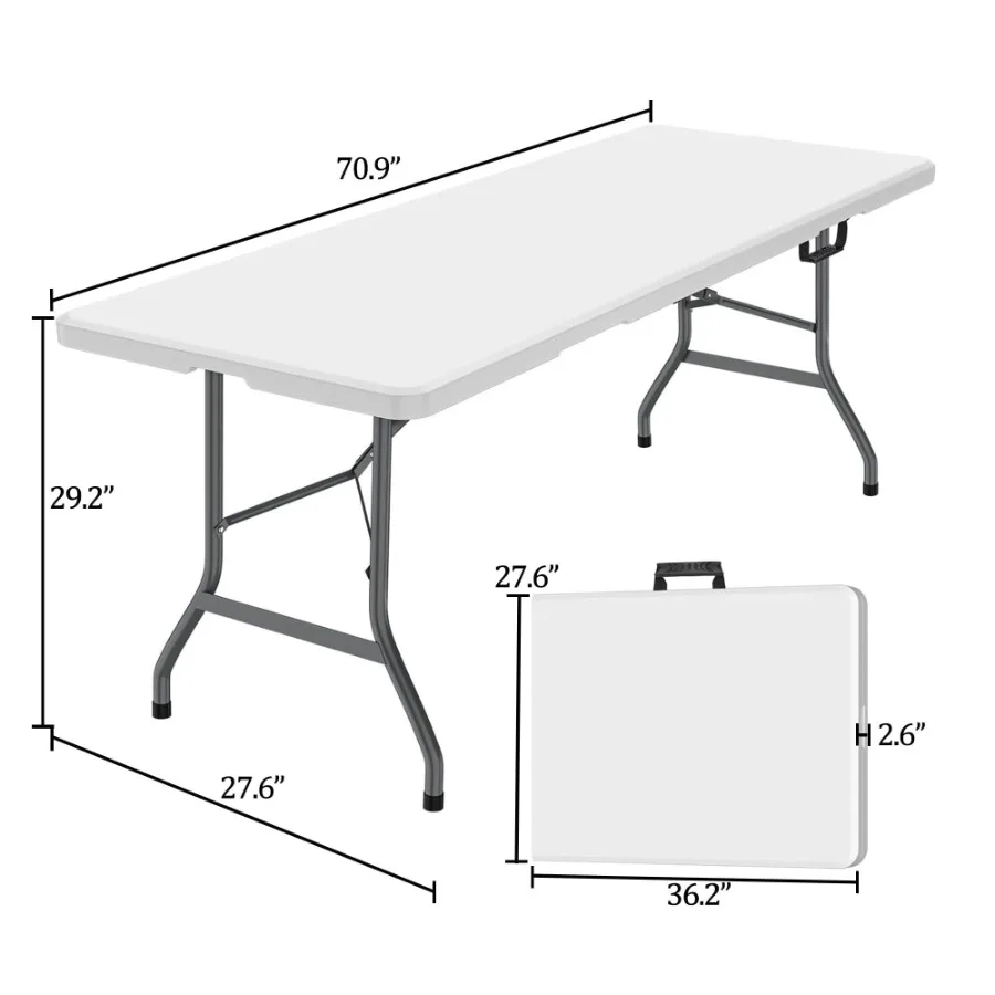 6 Foot Folding Table Portable Plastic Indoor Outdoor Camping Dining Table with Carrying Handle White