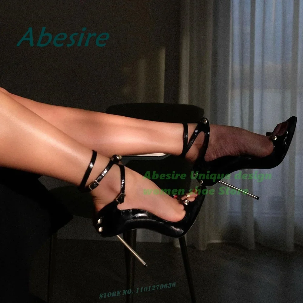 Black Cross Strap Buckle Pumps Open Toe Metal Decor Stiletto Heels Patent Leather Solid Women\'s Pumps Party Runway Shoes Elegant