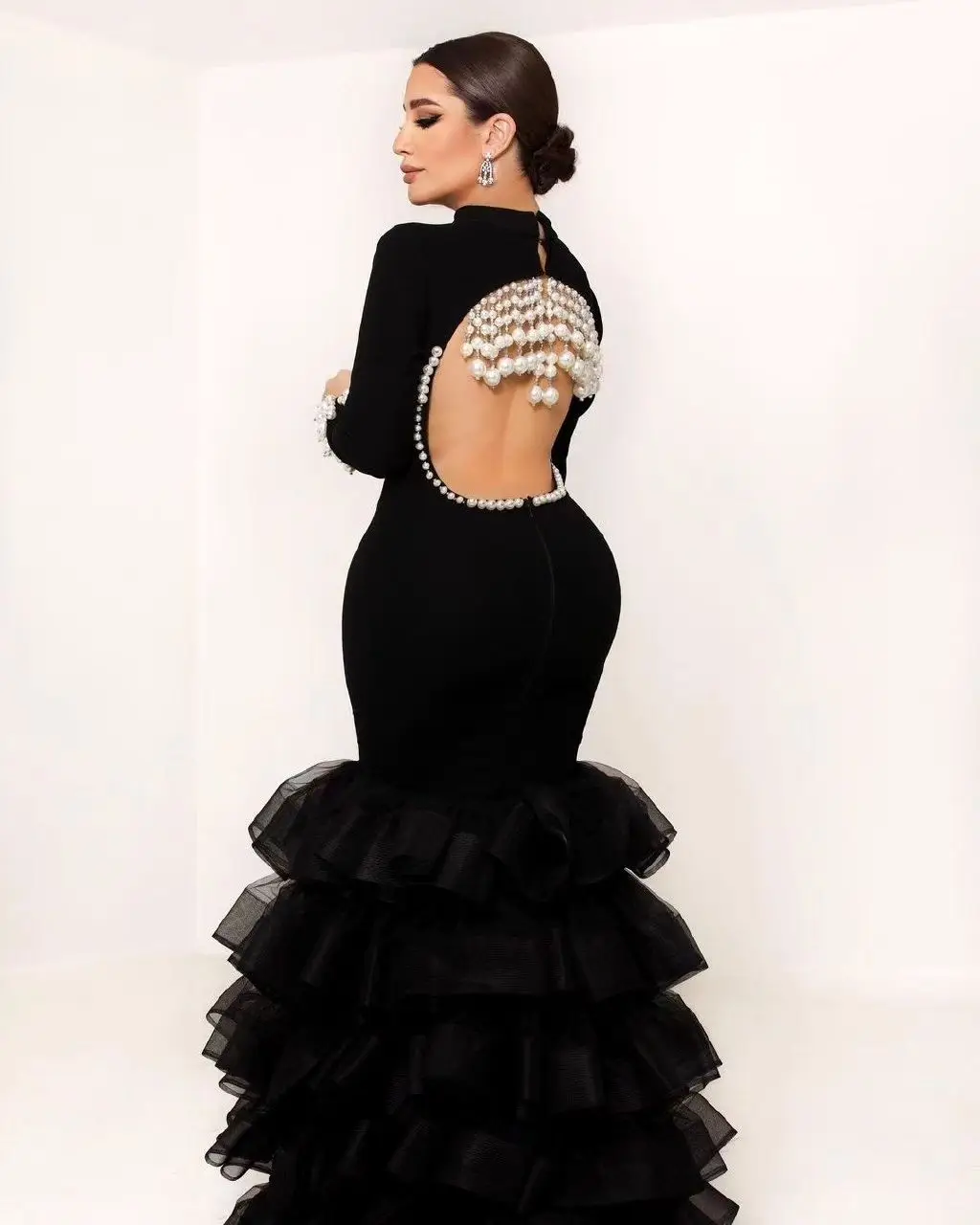 Jirocum Dubai High Neck Prom Dress Women's Pearl Long Sleeve Party Evening Gown Backless Tiered Mermaid Formal Occasion Dresses