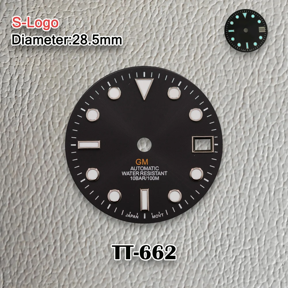 جديد 28.5 مللي متر S شعار NH34 GMT الطلب الأسود الهاتفي الفضة شعار صالح NH34 حركة الجليد الأزرق مضيئة ساعة تعديل الملحقات