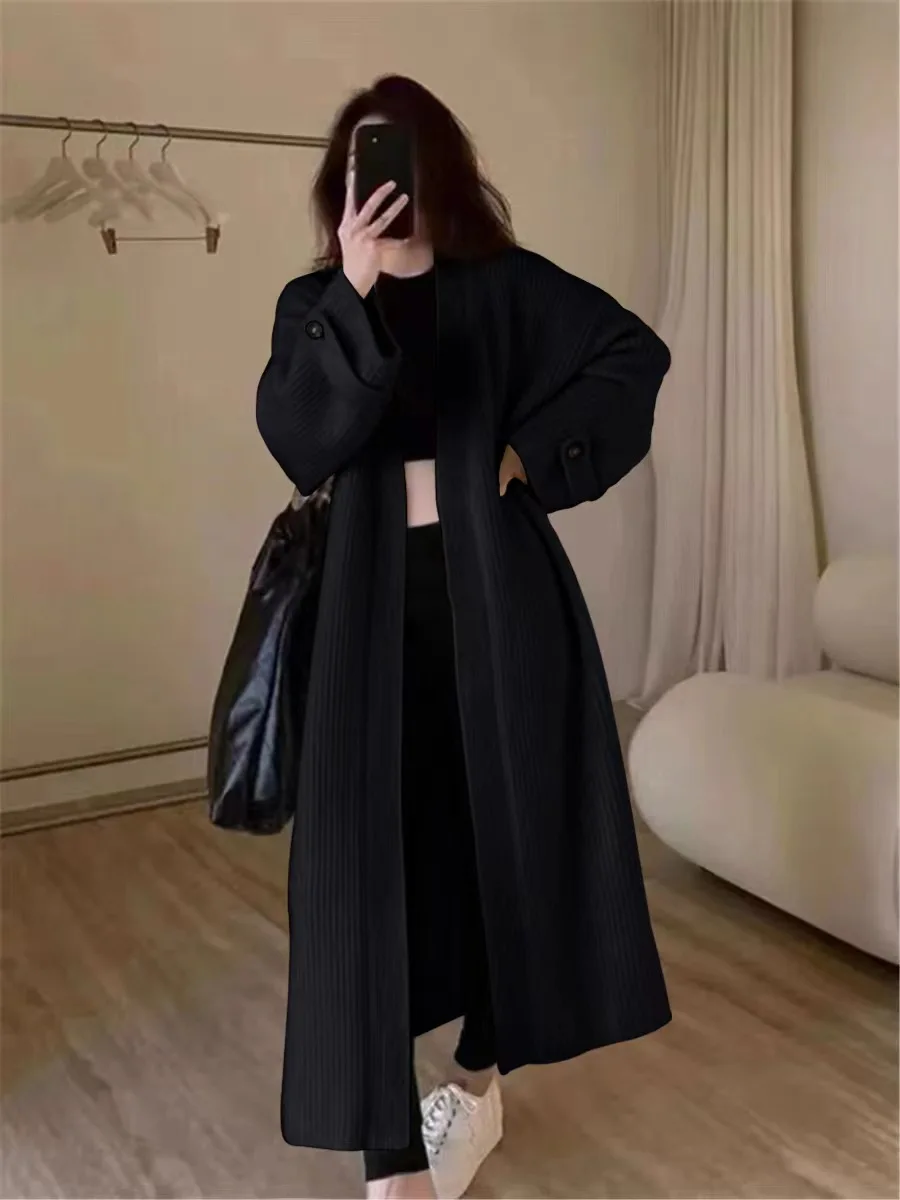 

V-neck Knitted Cardigan 2025 Autumn Loose Knee Long Sweater Jacket Women