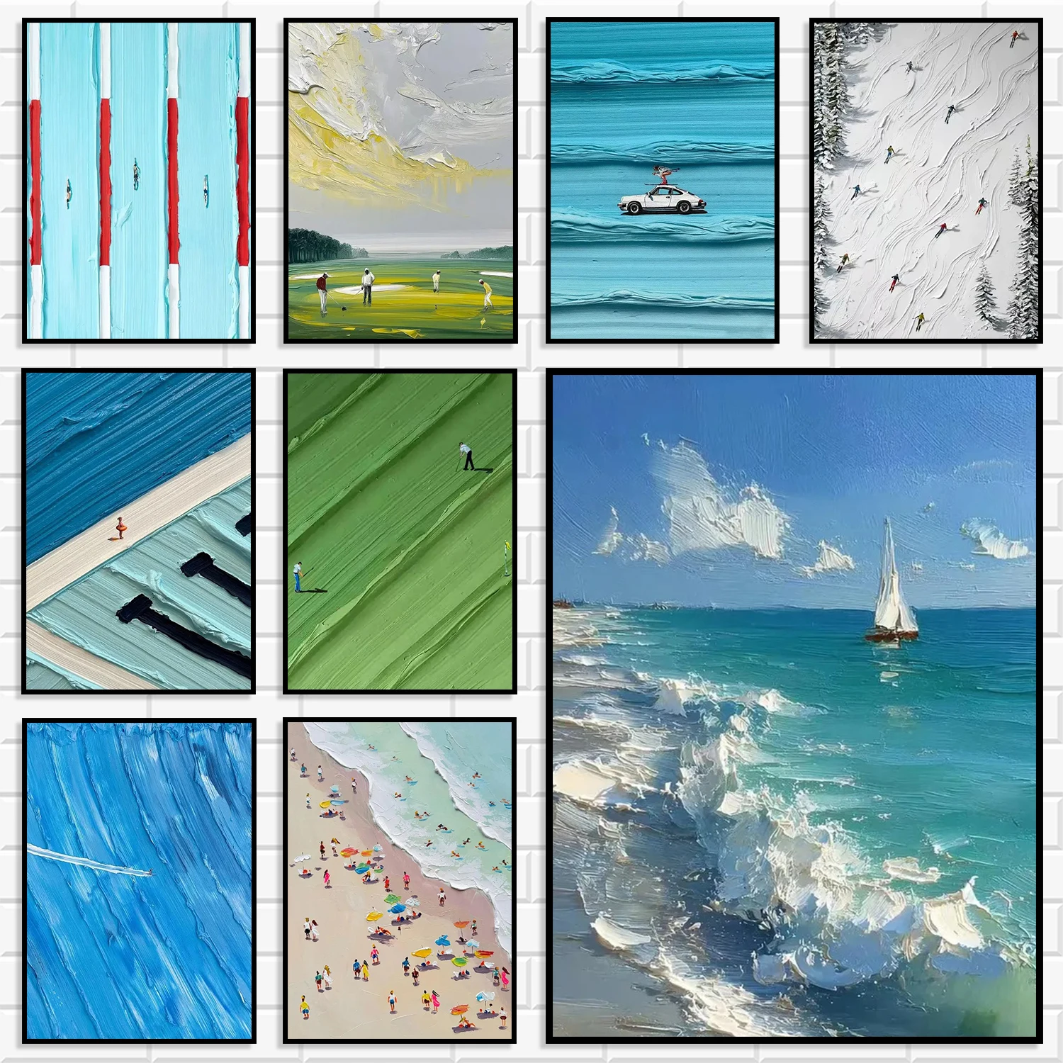 Thick Texture Impasto Diamond Wall Art Set Mini Figure Sports Scenery Painting Ski Golf Sailing Beach Ocean Poster Home Decor