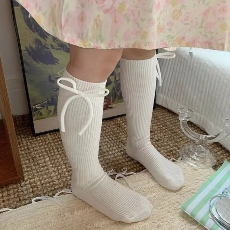 1 Pair Cute Bow Calf Sock for Kids Girl Retro Sweet Prinicess Bow Baby Girl Sock Spring Autumn Solid Color Cotton School Sock