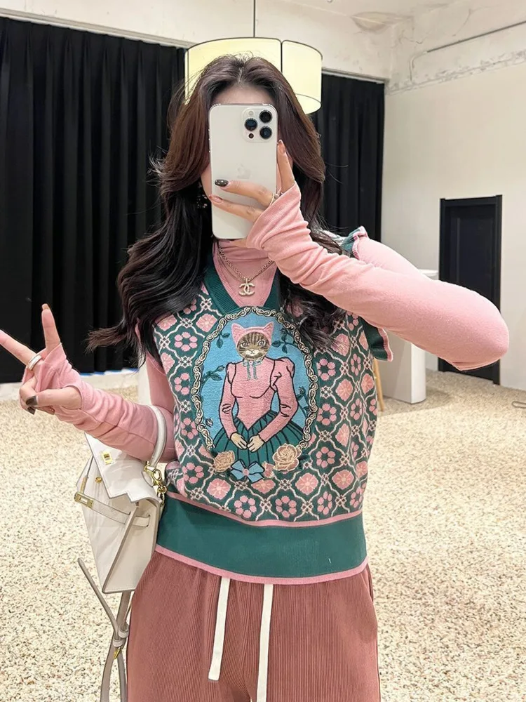 Women Knitted Vest Sweaters Classic Sleeveless /long Sleeve V/o-neck All-match Streetwear Casual Pullover Cat Embroidery Tops