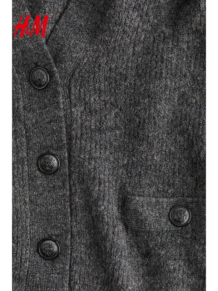 H&M Women's Knitted Cardigan Winter Warm Ribbed Loose V-Ne Button up Top Casual Sle Polyester Blend Long Sve ort Length