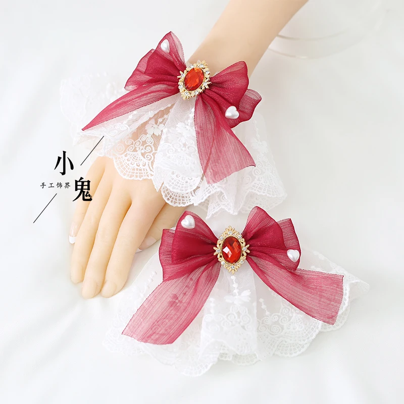 

Multicolor Japanese Flower Wedding Sweet Lace Lolita Hair Accessories Dark Red Lolita Snow Yarn Bow Hand Sleeve Bracelet Women